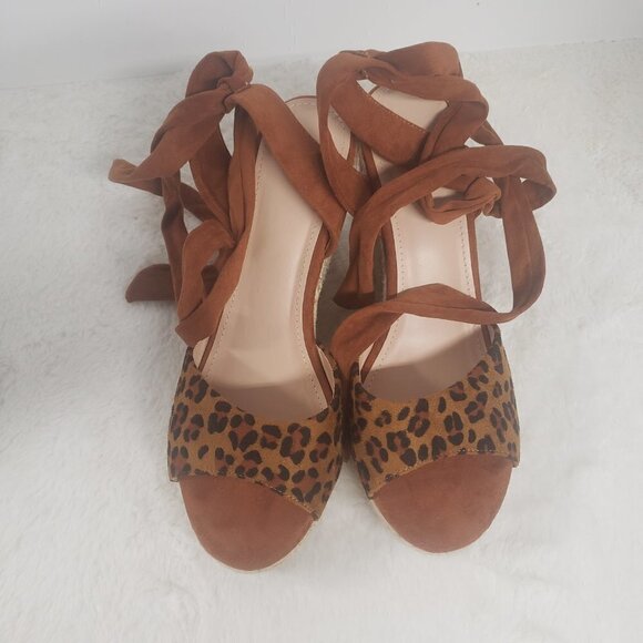 Unbranded Leopard Print Faux Suede Tie Ankle Jute Wedge Sandal Size 10 - Picture 2 of 11